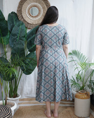 Dusky Teal Muslin Silk Geometric Dress