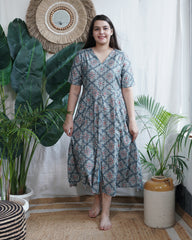 Dusky Teal Muslin Silk Geometric Dress