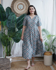 Dusky Teal Muslin Silk Geometric Dress