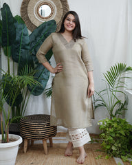 Soft Brown Embroidered V‑Neck Kurta