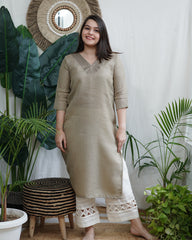 Soft Brown Embroidered V‑Neck Kurta