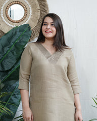 Soft Brown Embroidered V‑Neck Kurta