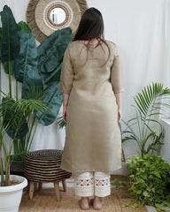 Soft Brown Embroidered V‑Neck Kurta