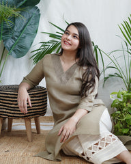 Soft Brown Embroidered V‑Neck Kurta