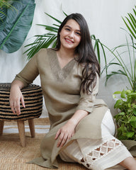 Soft Brown Embroidered V‑Neck Kurta