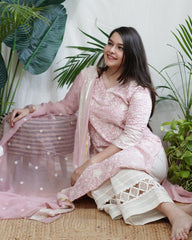 Pastel pink Lucknowi embroidered full suit set