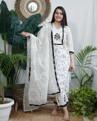 Cream Black yoke embroidered Full suit set