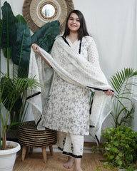 Cream Black yoke embroidered Full suit set