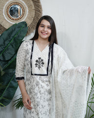 Cream Black yoke embroidered Full suit set