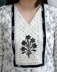 Cream Black yoke embroidered Full suit set