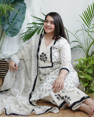 Cream Black yoke embroidered Full suit set