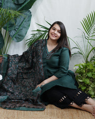Dark Green Kurta with Digital Print Chanderi Dupatta