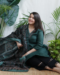 Dark Green Kurta with Digital Print Chanderi Dupatta