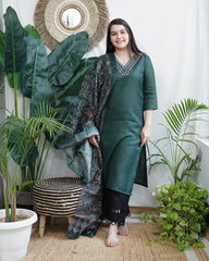 Dark Green Kurta with Digital Print Chanderi Dupatta