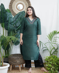 Dark Green Kurta with Digital Print Chanderi Dupatta