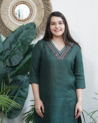 Dark Green Kurta with Digital Print Chanderi Dupatta