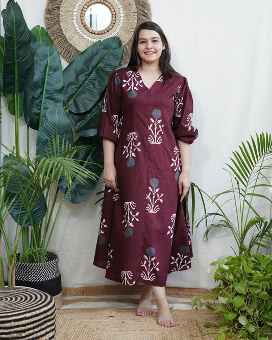 Wine floral print dress with lining