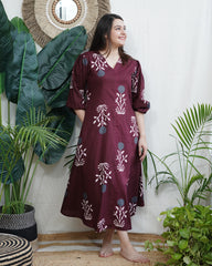 Wine floral print dress with lining