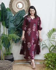 Wine floral print dress with lining