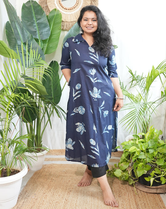 Indigo Floral Collared Kurta