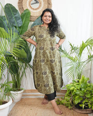 Leaf green floral kurta with pocket