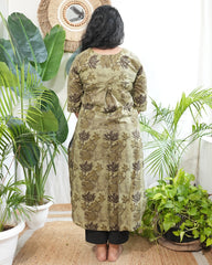 Leaf green floral kurta with pocket