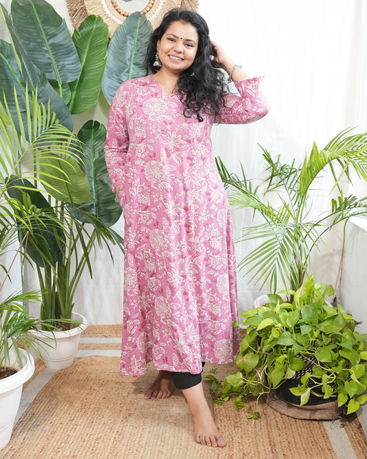 Pink floral rayon aline kurta with pocket
