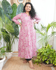 Pink floral rayon aline kurta with pocket