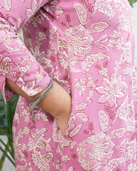 Pink floral rayon aline kurta with pocket