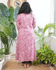 Pink floral rayon aline kurta with pocket