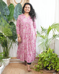 Pink floral rayon aline kurta with pocket