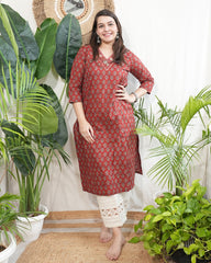 Rust floral V neck kurta