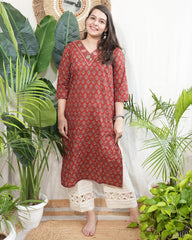 Rust floral V neck kurta