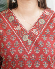 Rust floral V neck kurta
