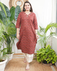 Rust floral V neck kurta