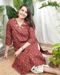 Rust floral V neck kurta