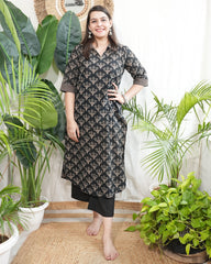 Black blockprint collar neck kurta with pocket