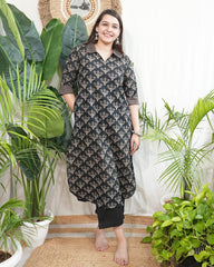 Black blockprint collar neck kurta with pocket