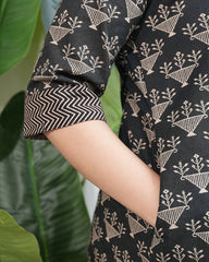 Black blockprint collar neck kurta with pocket