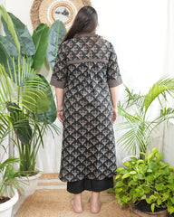 Black blockprint collar neck kurta with pocket