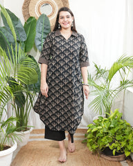 Black blockprint collar neck kurta with pocket