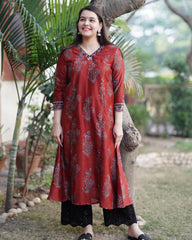 Maroon buta ajrakh chanderi Aline Kurta