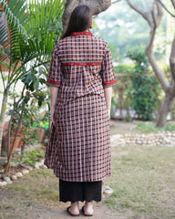 Brown checks ajrakh kurta with pocket
