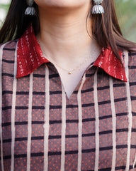Brown checks ajrakh kurta with pocket