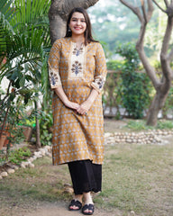 Mustard panel handblock designer kurta
