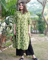 Parrot green bagru kurta with pocket