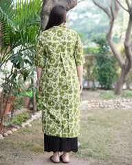 Parrot green bagru kurta with pocket