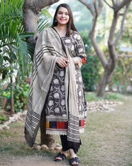 Black kalamkari lacework kurta duppata set