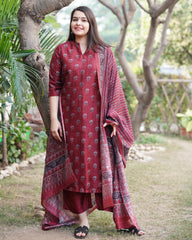 Maroon small flower chanderi full suit set