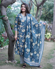 Grey floral Sanganeri full suit set